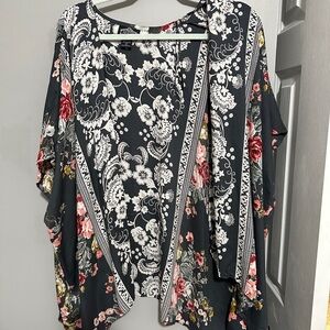 Angie Black Floral Open-Front Kimono Top with White Paisley Print